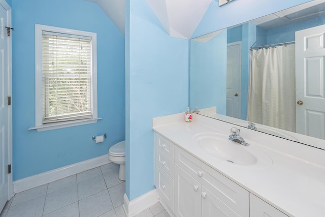 2613 Rivertowne Pkwy, Mount Pleasant, SC 29466 - bathroom featuring baseboards, vanity, tile patterned floors, toilet, and lofted ceiling