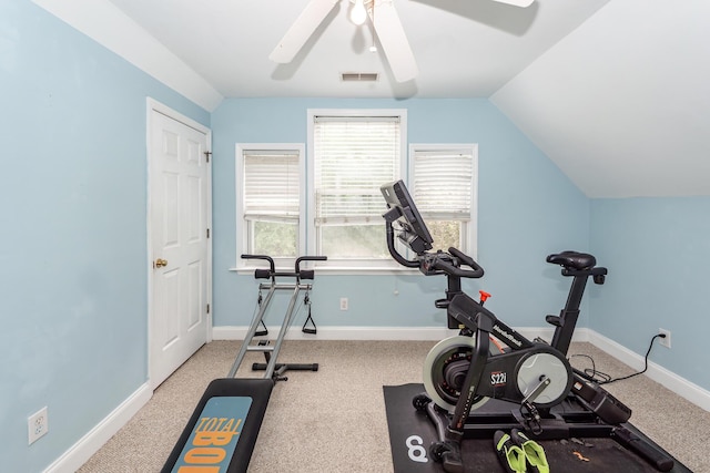 2613 Rivertowne Pkwy, Mount Pleasant, SC 29466 - workout room featuring a ceiling fan, lofted ceiling, carpet, and baseboards