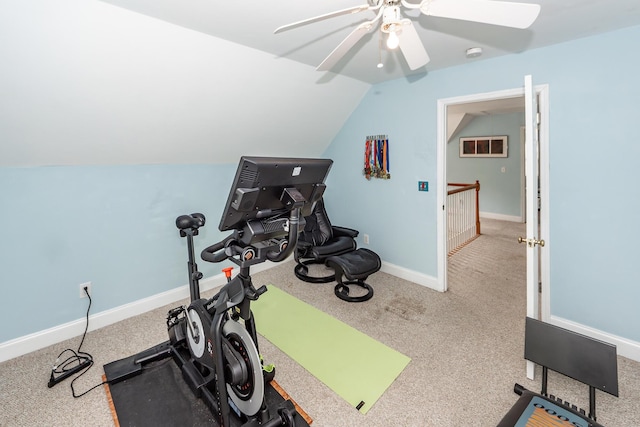 2613 Rivertowne Pkwy, Mount Pleasant, SC 29466 - workout room with carpet floors, lofted ceiling, a ceiling fan, and baseboards