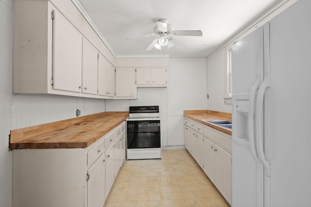 309 Padgett Loop, Walterboro, SC 29488 - kitchen featuring white refrigerator with ice dispenser, electric stove, ceiling fan, white cabinetry, and light flooring