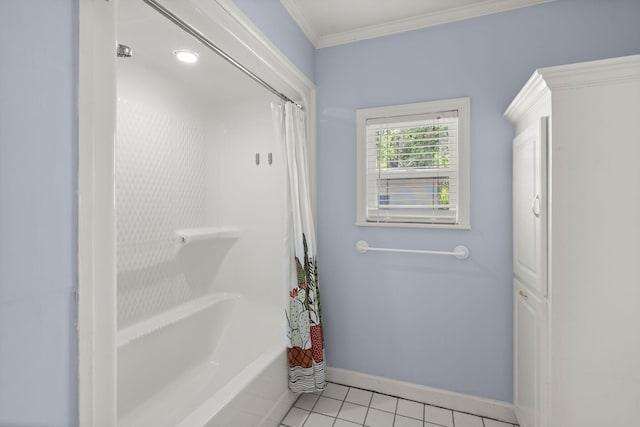 309 Padgett Loop, Walterboro, SC 29488 - bathroom with tile patterned flooring, ornamental molding, baseboards, and shower / tub combo