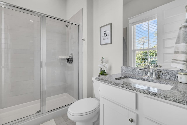 full bath featuring a stall shower, toilet, and vanity