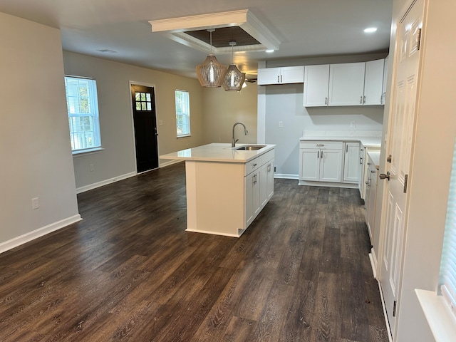 kitchen with white cabinets, pendant lighting, and dark hardwood / wood-style floors