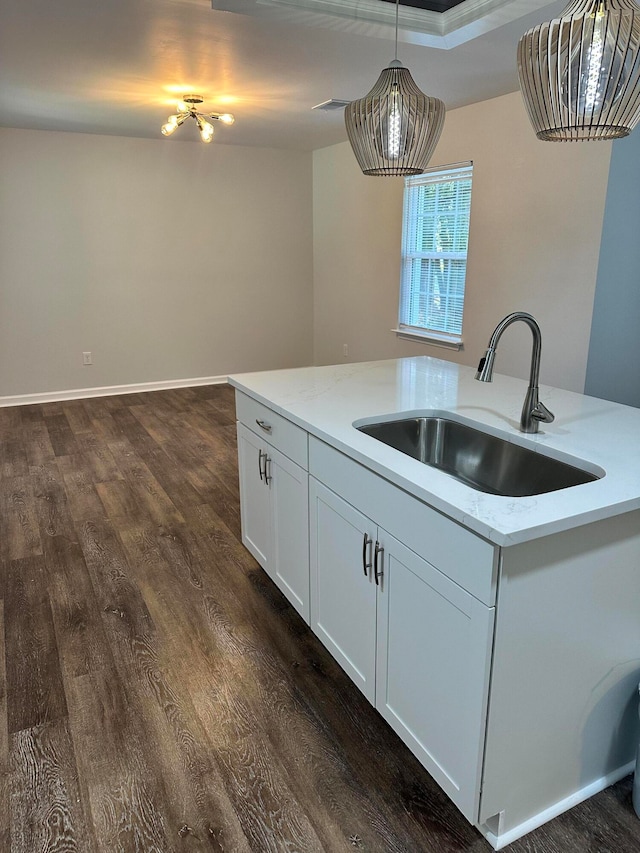 kitchen with pendant lighting, an island with sink, dark hardwood / wood-style floors, and sink