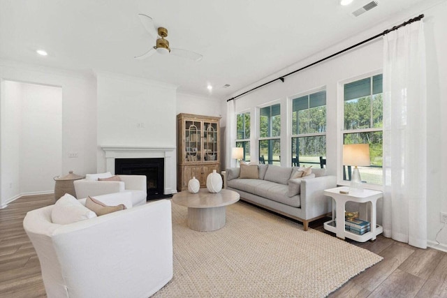 living area with a fireplace, plenty of natural light, visible vents, and wood finished floors