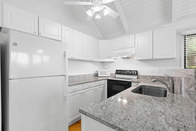 811 Treeloft Trce, Seabrook Island, SC 29455 - kitchen featuring white appliances, light stone counters, under cabinet range hood, white cabinetry, and beamed ceiling