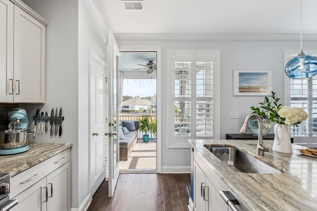 kitchen with visible vents, dark wood-style flooring, a sink, and ornamental molding