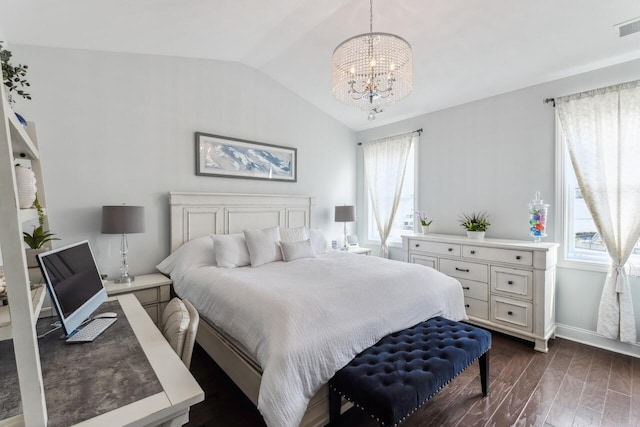 bedroom with baseboards, visible vents, lofted ceiling, dark wood-type flooring, and a notable chandelier