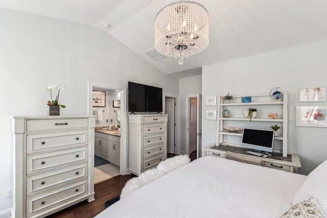 bedroom with visible vents, lofted ceiling, ensuite bath, dark wood-style flooring, and an inviting chandelier