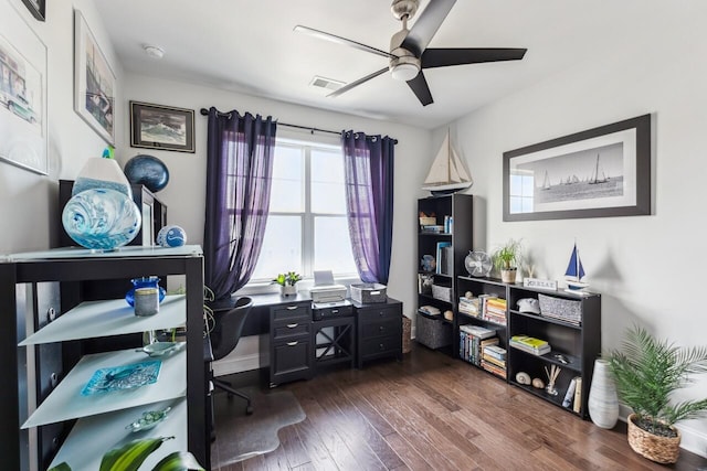 office space featuring dark wood-style floors, visible vents, and a ceiling fan