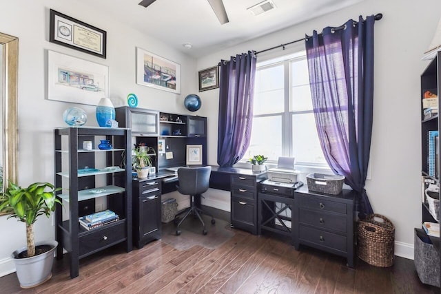 office with a ceiling fan, baseboards, visible vents, and dark wood-type flooring