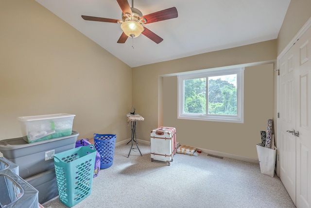 851 Sandlake Dr Unit D, Mount Pleasant, SC 29464 - recreation room featuring carpet, lofted ceiling, ceiling fan, and baseboards
