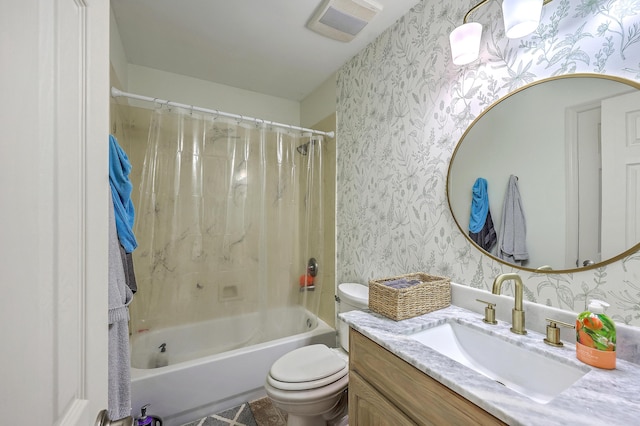851 Sandlake Dr Unit D, Mount Pleasant, SC 29464 - bathroom featuring wallpapered walls, toilet, vanity, and shower / bath combination with curtain
