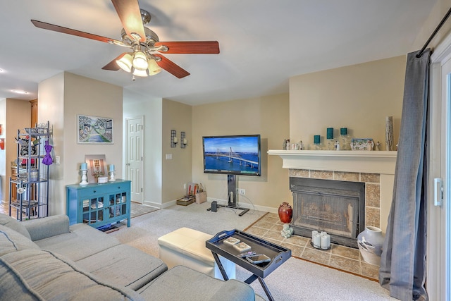 851 Sandlake Dr Unit D, Mount Pleasant, SC 29464 - living room featuring a ceiling fan, baseboards, and a tile fireplace