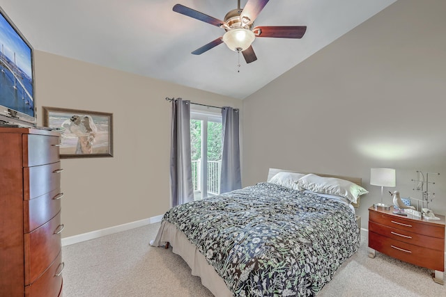 851 Sandlake Dr Unit D, Mount Pleasant, SC 29464 - bedroom with light colored carpet, vaulted ceiling, baseboards, and ceiling fan