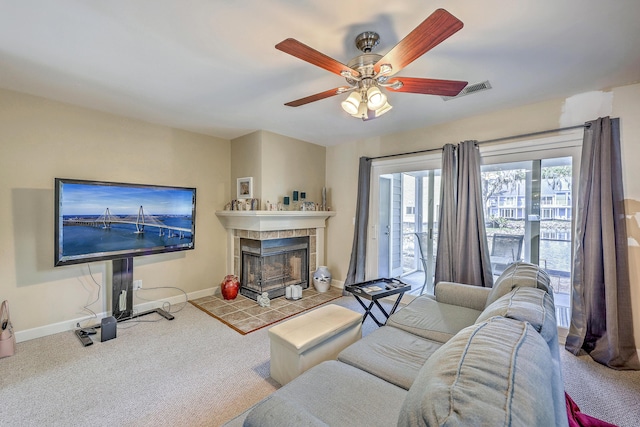 851 Sandlake Dr Unit D, Mount Pleasant, SC 29464 - living area with baseboards, a fireplace, ceiling fan, and carpet flooring