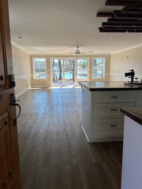 2222 Lakeshore Dr, Manning, SC 29102 - kitchen with ornamental molding, white cabinetry, dark wood finished floors, dark countertops, and open floor plan