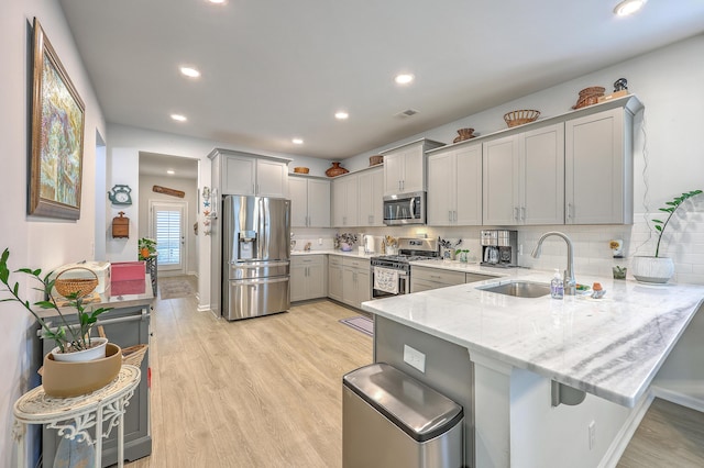 kitchen featuring a peninsula, a sink, light wood-type flooring, and stainless steel appliances