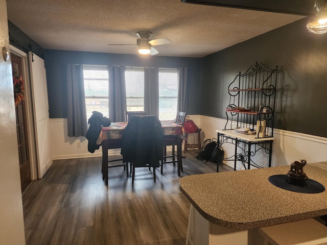 dining space with a textured ceiling, a barn door, plenty of natural light, and ceiling fan