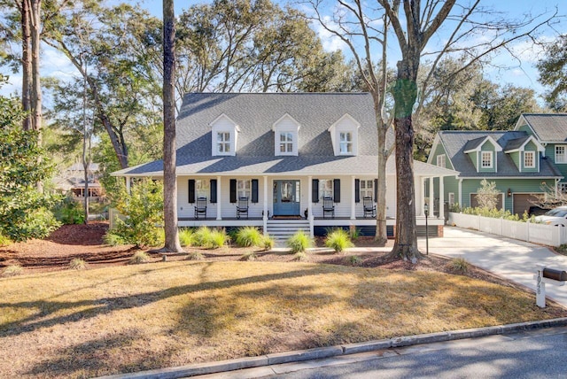 cape cod house featuring driveway, a shingled roof, fence, a porch, and a front yard