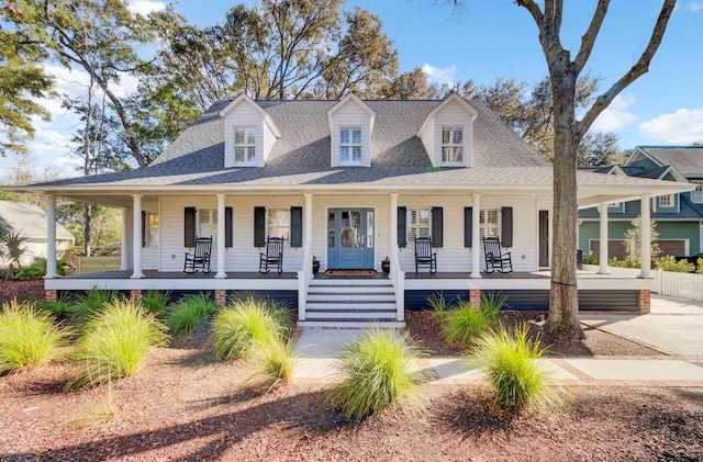 view of front facade with covered porch, driveway, and a shingled roof