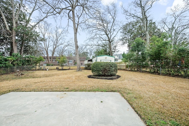 view of yard featuring a shed and a patio