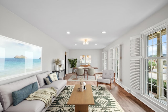 living room with a water view, a beach view, and hardwood / wood-style flooring