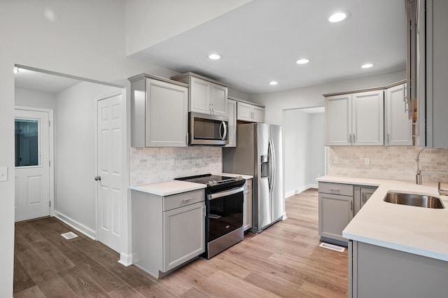 kitchen featuring sink, gray cabinetry, tasteful backsplash, light wood-type flooring, and stainless steel appliances