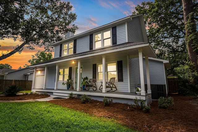 2020 Piper Dr, Charleston, SC 29407 - farmhouse with covered porch, an attached garage, and a chimney