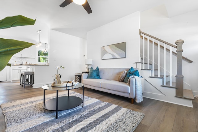 2020 Piper Dr, Charleston, SC 29407 - living room featuring wood finished floors, ceiling fan, and stairway