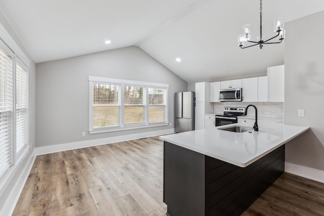 kitchen featuring appliances with stainless steel finishes, white cabinetry, lofted ceiling, hanging light fixtures, and kitchen peninsula