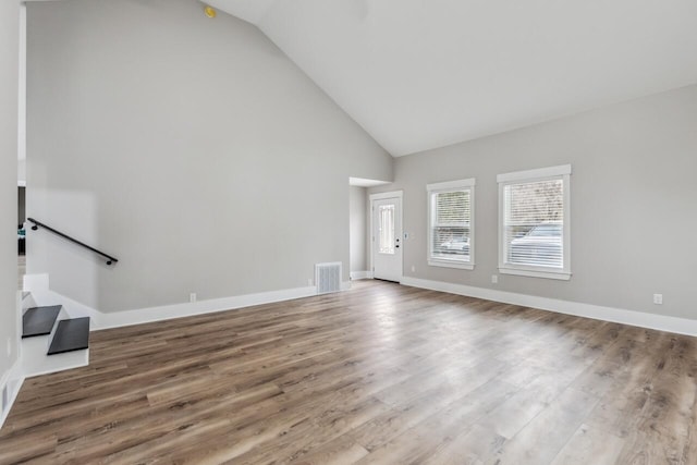 unfurnished living room with lofted ceiling and hardwood / wood-style flooring