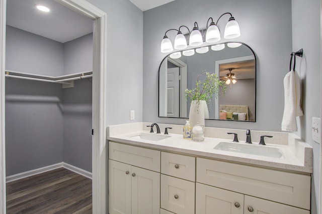 bathroom featuring double vanity, a walk in closet, a sink, and wood finished floors