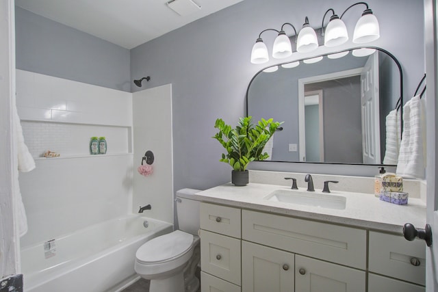 full bathroom with shower / bath combination, visible vents, vanity, and toilet