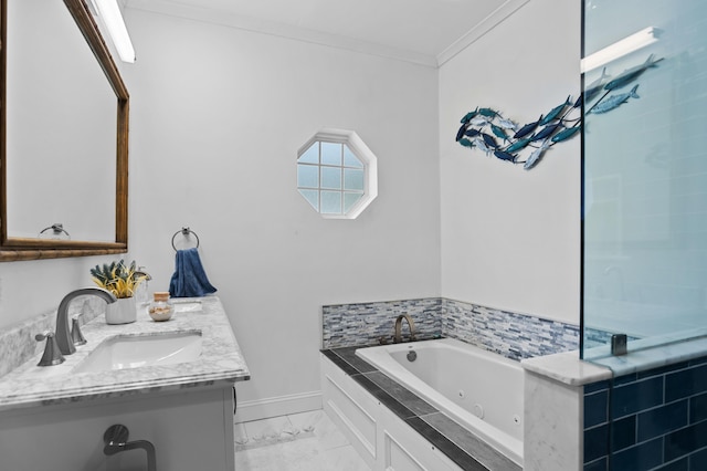 bathroom with a relaxing tiled tub, vanity, and crown molding