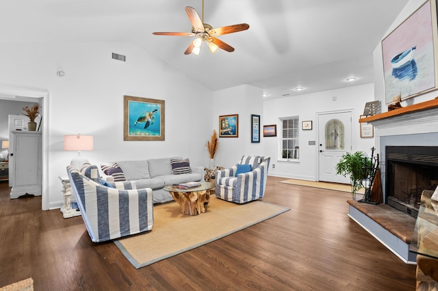 living room with dark hardwood / wood-style flooring, high vaulted ceiling, and ceiling fan