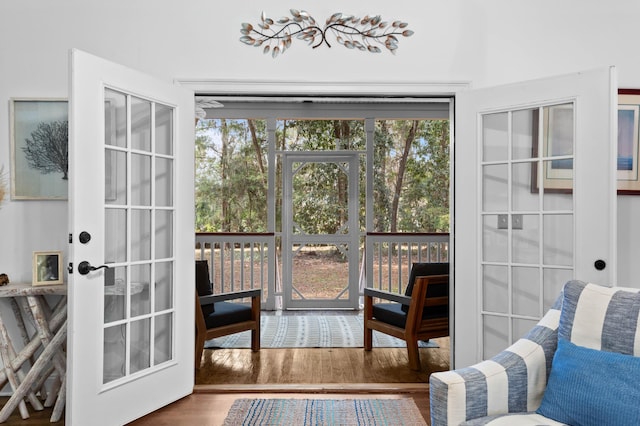 doorway featuring french doors, plenty of natural light, and hardwood / wood-style flooring