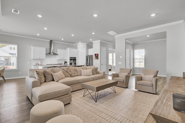 living room featuring sink and light hardwood / wood-style floors