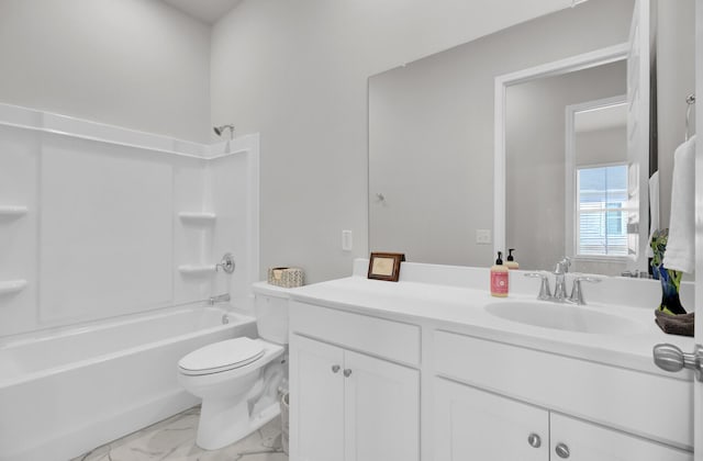 full bathroom with vanity, shower / tub combination, and toilet