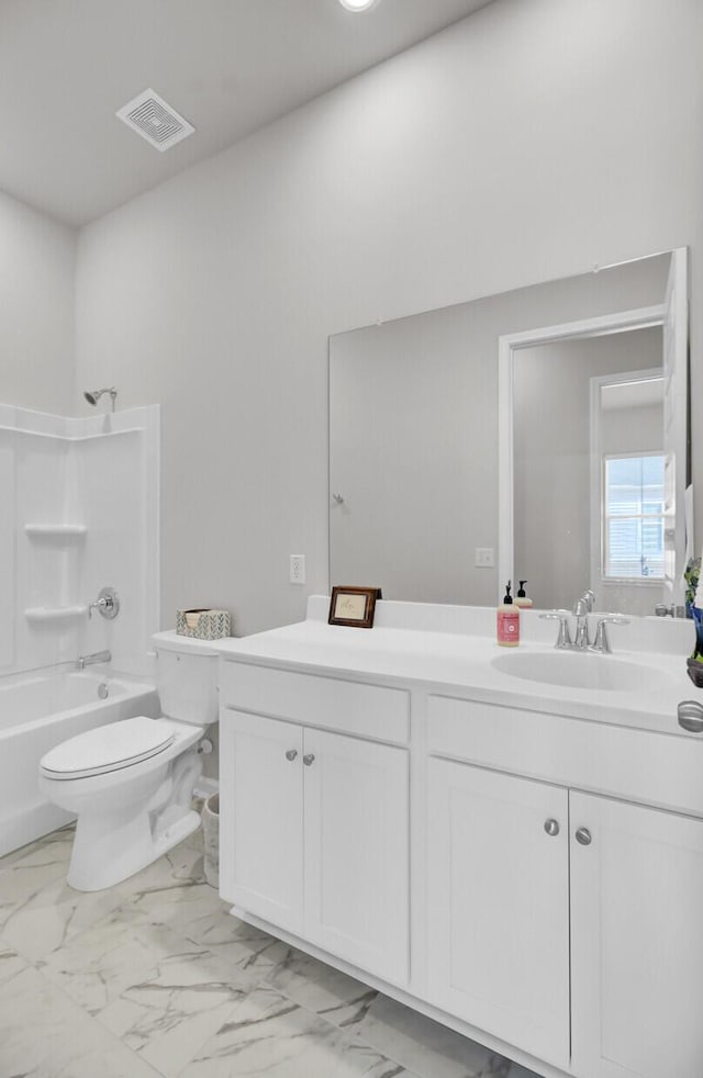 full bathroom with shower / bath combination, vanity, and toilet