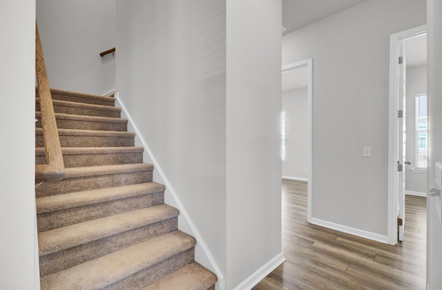 stairs featuring hardwood / wood-style flooring