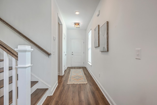 175 Darby Meadow Ln, Ridgeville, SC 29472 - doorway featuring dark wood-style flooring, baseboards, and stairs