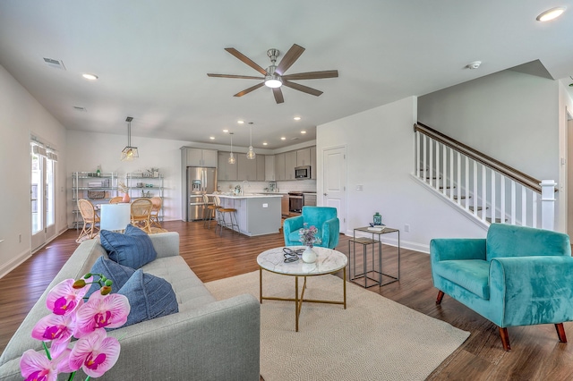 175 Darby Meadow Ln, Ridgeville, SC 29472 - living area with ceiling fan, recessed lighting, dark wood-type flooring, and stairway