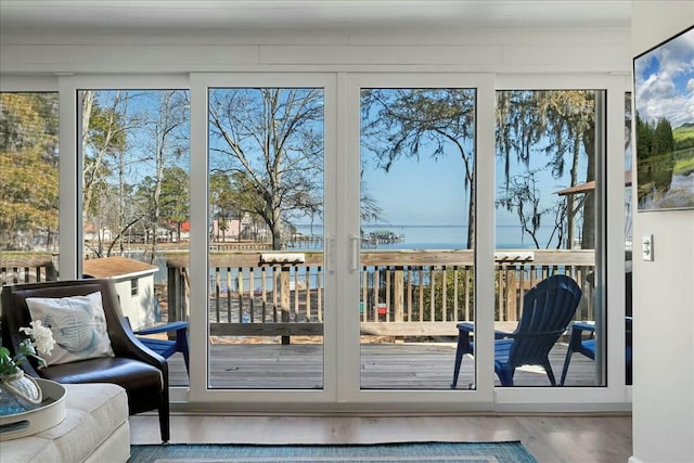 doorway to outside featuring a water view and hardwood / wood-style floors