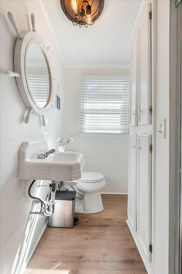 bathroom with ornamental molding, sink, hardwood / wood-style floors, and toilet