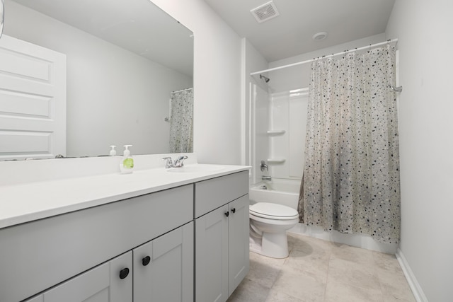 full bathroom with shower / tub combo, vanity, and toilet