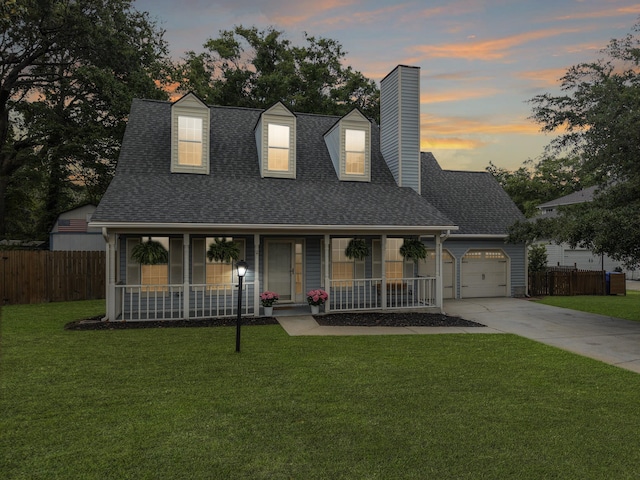 1410 Diamond Blvd, Mount Pleasant, SC 29466 - cape cod-style house with driveway, a garage, a porch, roof with shingles, and a chimney