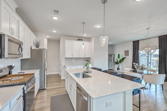 kitchen featuring appliances with stainless steel finishes, a sink, light wood-style floors, a kitchen breakfast bar, and an island with sink