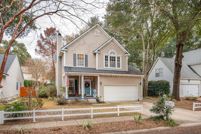 view of front property with a garage and covered porch