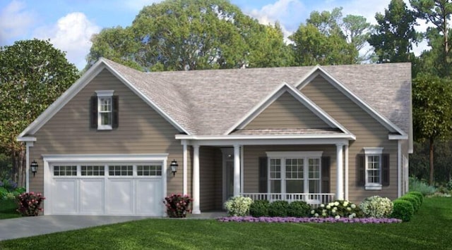 view of front facade featuring a porch, a garage, and a front yard